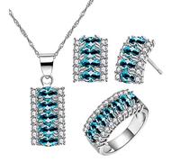 Juego de collar, pendientes y anillo de Uloveido T502 para fiesta con diseño de media luna, joyas bañadas en plata con 7 piedras, circonitas cúbicas, corte ovalado (T502) Azul claro