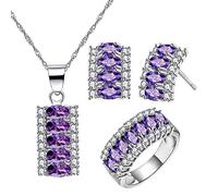 Juego de collar, pendientes y anillo de Uloveido T502 para fiesta con diseño de media luna, joyas bañadas en plata con 7 piedras, circonitas cúbicas, corte ovalado (T502) Morado
