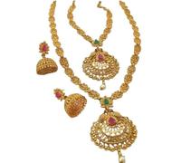 Juego de collar tradicional chapado en oro con piedras rosas y verdes, colgante de gota de perlas, aretes Jhumka con patrón floral, estilo sur de la India