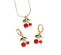Juego de collar y pendientes con colgante de cereza, tono dorado, cristal rojo y diseño de hoja verde, cadena de 49 cm