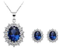 Juego de collar y pendientes de plata de ley 925 para mujer, con circonita cúbica redonda, caja de regalo para fiestas, bodas, vacaciones (azul ovalado), Cubic Zirconia, Piedra, Circonita cúbica