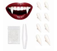 Juego de colmillos de dientes de vampiro, dientes falsos, dientes de vampiro para niños y adultos, juego de disfraz de vampiro reutilizable con clip para Halloween con goma moldeable, kit de dientes