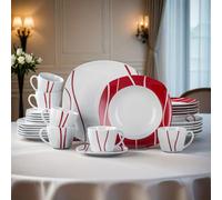 Juego de Comedor de 30 piezas con Línea , Vajilla Blanca de Porcelana, Base, de Postre, de Sopa, Taza y para 6