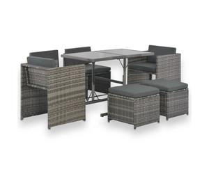 Juego de comedor de exterior de 7 piezas con cojines en ratán sintético gris
