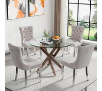 Juego de comedor de lujo de 5 piezas: mesa redonda de cristal de 36 pulgadas con 4 sillas copetudas beige, muebles de cocina modernos, patas de metal con cruz de nogal, elegante decoración de comedor