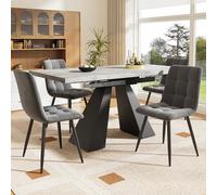 Juego de comedor extensible de 5 piezas para 4 personas de 160 x 80 x 75 cm con sillas de terciopelo gris, patas de columna blancas, piel moderna para el hogar, perfecto para comedor