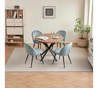 Juego de comedor - Mesa redonda de 5 piezas con 4 sillas acolchadas de terciopelo - Muebles de comedor modernos de color marrón oscuro y azul para decoración elegante del hogar