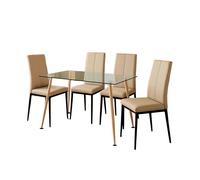 Juego de comedor mesa y 4 sillas, juego de mesa fija y 4 sillas, mesa rectangular cristal beige y negro
