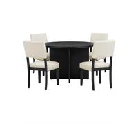 Juego de comedor moderno de 5 piezas, mesa redonda negra con sillas tapizadas blancas, ribete de cabeza de clavo (juego de mesa de comedor redonda de 5 piezas, 4 sillas tapizadas)