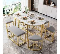 Juego de comedor ovalado de 7 piezas con 4 taburetes pequeños y 2 grandes, marco de acero que ahorra espacio, para cocina y sala de estar, acabado dorado, 140 x 70 x 74 cm