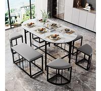 Juego de comedor ovalado de 7 piezas con 4 taburetes pequeños y 2 grandes, marco de acero que ahorra espacio, mesa de cocina para sala de estar, color negro, 140 x 70 x 74 cm, solución moderna para