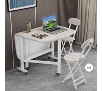 Juego de comedor plegable con 4 sillas sobre ruedas universales, mesa de ahorro de espacio con hoja caída (blanco, 100 x 60 cm)