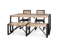 Juego de comedor rústico de madera reciclada hecha a mano, mesa de cocina grande con dos sillas y banco, 76 x 180 x 90 cm (mesa con 2 sillas y banco)