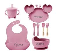 Juego de comida para destete personalizado con nombre de silicona para bebés, juego de destete personalizado que incluye: babero, cuenco, taza, cubiertos de silicona 100% alimentaria (rosa)