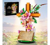 Juego de construcción de flores de cruz de Jesús, coleccionables de cruz religiosa de Pascua, compatible con juguetes de construcción católicos Lego Jesús, Pascua, cristiano, regalos para madres