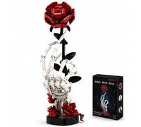 Juego de construcción de ramo de rosas rojas con calavera gótica, decoración de terror gótico, botánico, kit de colección botánica para adultos y mujeres, regalo del día de San Valentín, esqueleto de