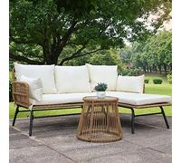 Juego De Conversación para Patio, Silla En Forma De L para Patio Al Aire Libre, Juego De Sofá De Mimbre De Color Natural con Cojín Beige Y Mesa Redonda De Vidrio Templado para Balcón, Patio, Junto A L