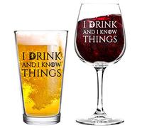 Juego de copas de cerveza y vino con texto "I Drink And I Know Things", ideal para despedidas de soltera, boda, compromiso, aniversario y parejas, para él, ella, señora mamá papá