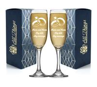 Juego de copas de champán de boda grabadas personalizadas con cualquier mensaje, cualquier fecha, diseño de anillos de boda, dos copas de champán personalizadas de 7 oz