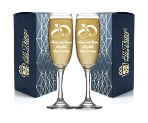 Juego de copas de champán de boda grabadas personalizadas con cualquier mensaje, cualquier fecha, diseño de anillos de boda, dos copas de champán personalizadas de 7 oz