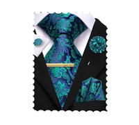 Juego de corbatas Hi-Tie para hombre, 4 piezas, con corbata y pañuelo, gemelos, pin de solapa con flor, para bodas y negocios, azul, M