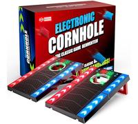 Juego de Cornhole para exteriores Jofuni, juego electrónico de Cornhole con conteo automático de puntos, LED y música, 2 tableros y 8 sacos, juego de Cornhole para jardín, camping, niños a partir de 8