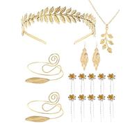 Juego de coronas doradas de hoja de laurel, 16 piezas, disfraz de diosa griega con pendientes, collar, brazalete, pasadores para el pelo y pulsera, disfraces de carnaval para mujeres, renacimiento y