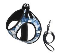 Juego de correa de arnés con estampado tropical de flores azules para gatos y perros, chaleco reflectante ajustable a prueba de fugas con malla suave transpirable, para mascotas pequeñas y cachorros