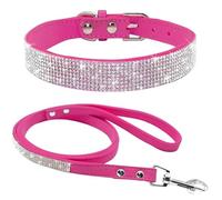 Juego de correa de piel de ante ajustable con incrustaciones de diamantes de imitación para gatos y perros, correa para caminar para gatos y perros, para acampar y caza, color rosa, S