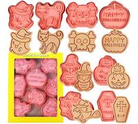 Juego de cortadores de galletas de Halloween, 8 piezas, juego de cortadores de galletas de plástico para Halloween, bruja, fantasma, calavera, gato negro, pájaro carpintero, lápida, calabazas, para