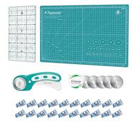 Juego de cortadores giratorios - Kit de acolchado incluye cortador de tela de 45 mm, 5 cuchillas giratorias adicionales, alfombrilla de corte autorreparable A3, regla acrílica y clips de costura