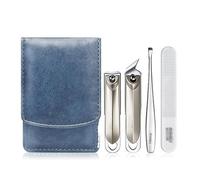 Juego de cortaúñas 4 piezas, kit manicura portátil for uñas y con estuche cuero PU, acero inoxidable Kits de aseo profesional(Blue)