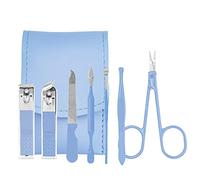 Juego de cortaúñas, juego de 7 piezas de manicura, kit de cortaúñas de mano, color azul, kit de pedicura y manicura de acero inoxidable con funda de piel sintética azul