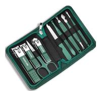 Juego de cortaúñas Juego de manicura verde 9 piezas con estuche cuero, kit herramientas profesionales for el cuidado los pies y rostro, juego cortaúñas acero inoxidable, regalo Kit de uñas