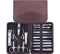 Juego de cortaúñas para hombres de 16 piezas, kit de manicura y pedicura con estuche con cremallera de patrón de piedra marrón, herramientas profesionales de aseo de acero al carbono