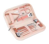 Juego de cortaúñas y herramientas de belleza portátil, juego de manicura de acero inoxidable martensítico de oro rosa 12 en 1, con bolsa de cuero rosa, adecuado para el hogar, lugar de trabajo, viajes