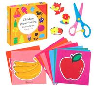 Juego de Corte de Papel para Niños, 1 Tijeras de Seguridad + 96 Hojas de Papel, Frutas, Animales, Flores, Plantas, Vehículos, Juguete Educativo
