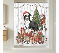 Juego de cortina de ducha con diseño de árbol de Navidad, diseño de Papá Noel, frontera, collie, perro, 137 x 198 cm con ganchos, caja de regalo de Navidad de invierno, decoración de baño, accesorios