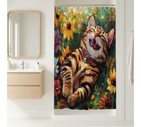 Juego de cortina de ducha con diseño de gatos de Bengala de primavera, cortina de ducha de flores coloridas, decoración de baño de mascotas, tela de poliéster decorativa, 36 x 72 pulgadas