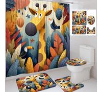 Juego de cortina de ducha con diseño de jirafa y hojas tropicales, tapete de baño colorido verde y naranja, accesorios para decoración de baño, juego de cortina de ducha de arte moderno divertido de