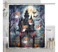 Juego de cortina de ducha con diseño de panda rojo de casa encantada de Halloween, 72 x 78 pulgadas con ganchos, divertida decoración de baño de fantasmas aterradores, accesorios de baño góticos