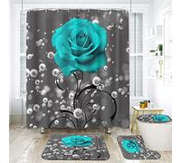 Juego de cortina de ducha de 4 piezas con alfombras de baño, rosa azul rústica con kit de accesorios de bañera de mariposa, alfombra, alfombrilla en forma de U y cubierta de tapa de inodoro,