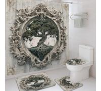Juego de cortina de ducha de árbol 3D, decoración de baño gris y blanco para primavera, elegante tema vintage de naturaleza con accesorios de alfombrilla de baño, cortina de ducha de tela impermeable