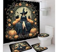Juego de cortina de ducha de bruja de Halloween, color negro y naranja, calabaza, floral, accesorios para decoración del hogar, juego de cortina de ducha de tela impermeable moderna con ganchos, 72 x