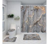 Juego de cortina de ducha de mármol craquelado gris dorado, tela de textura de mármol creativa moderna, cortina de decoración de baño y alfombra de baño antideslizante 83770J-4pcs Set W150xH180cm