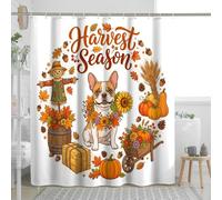 Juego de cortina de ducha de perro bulldog francés otoñal, cortina de ducha de cosecha de granja, accesorios de baño de espantapájaros de granja, decoración de patrón impreso, 72 x 84 pulgadas