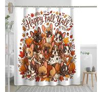 Juego de cortina de ducha de perro bulldog francés otoñal, cortina de ducha extraña apilada de otoño, accesorios de baño de hoja de arce, patrón impreso decorativo -72 x 84 pulgadas
