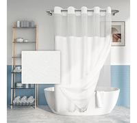 Juego de cortina de ducha extra larga con textura flameada sin gancho con forro de PEVA a presión, 71 x 98 pulgadas (96 pulgadas), estilo hotel con ventana superior transparente, cortina de tela y