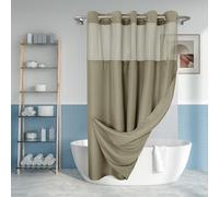 Juego de cortina de ducha texturizada sin gancho con forro de PEVA a presión, 71 x 74 pulgadas, estilo hotel con ventana superior transparente, lavable a máquina y repelente al agua, color gris pardo,