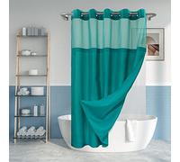 Juego de cortina de ducha texturizada sin gancho con forro de PEVA a presión, 71 x 74 pulgadas, estilo hotel con ventana superior transparente, lavable a máquina y repelente al agua, verde azulado, 71